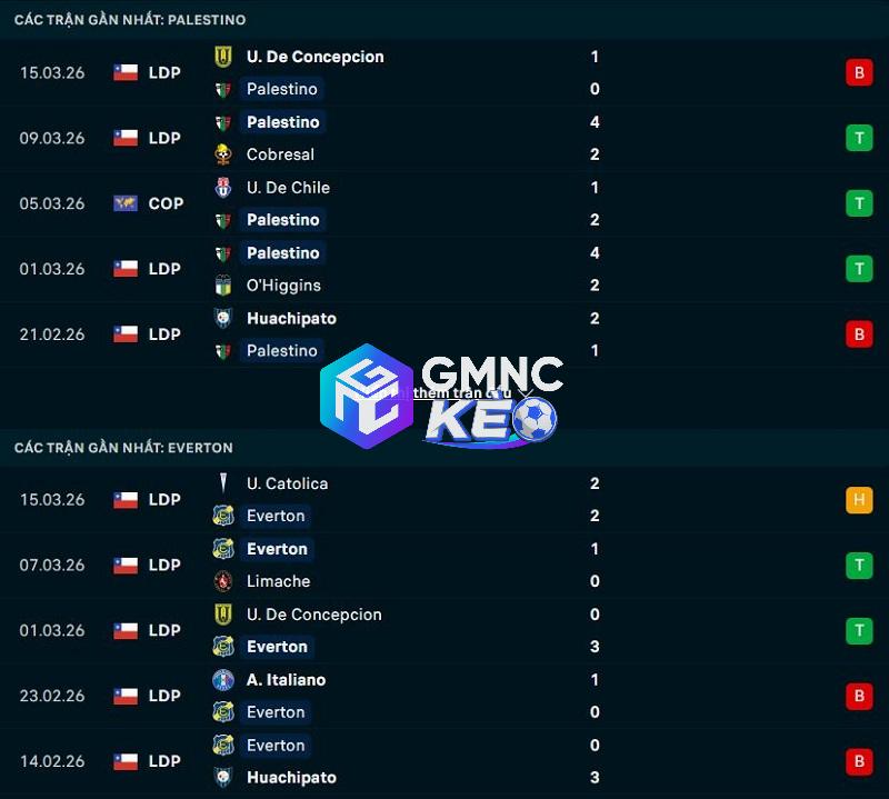 Phong độ gần đây của Palestino vs Everton de Vina Phong độ gần đây của Palestino vs Everton de Vina