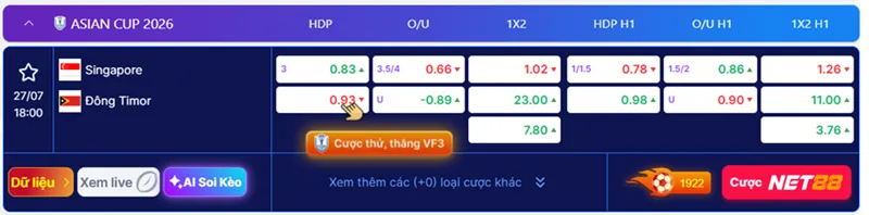 Cập nhật kèo Singapore và Timor-Leste diễn ra lúc 18:00 ngày 27/07/2026