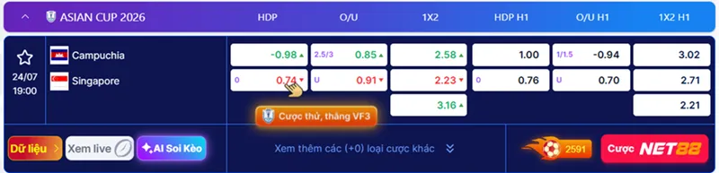 Cập nhật dữ liệu kèo trận Campuchia vs Singapore tại ASEAN Cup 2026