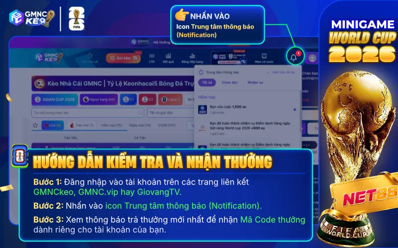 Vị trí Trung tâm thông báo nhận Mã Code Minigame World Cup 2026